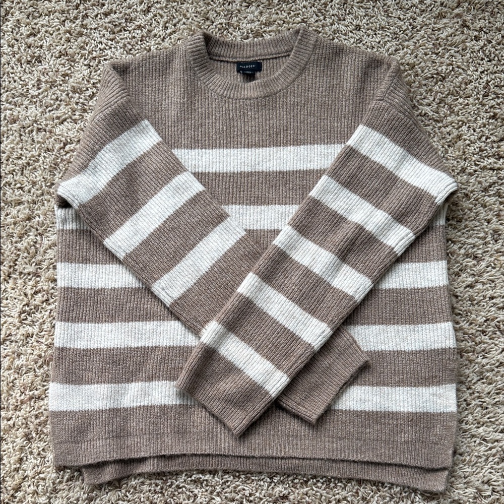 Halogen Brown and Cream Striped Crewneck Sweater